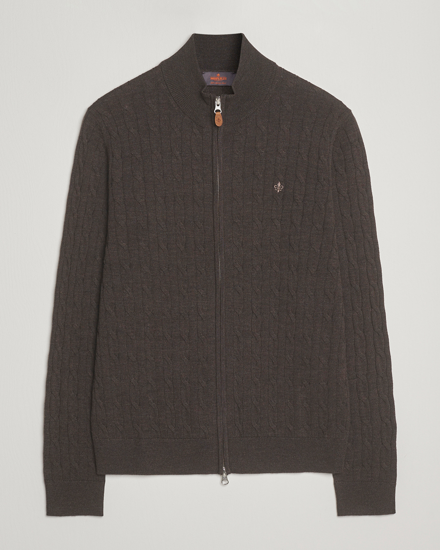Men | Sweaters & Knitwear | Morris | Merino Cable Zip Cardigan Brown