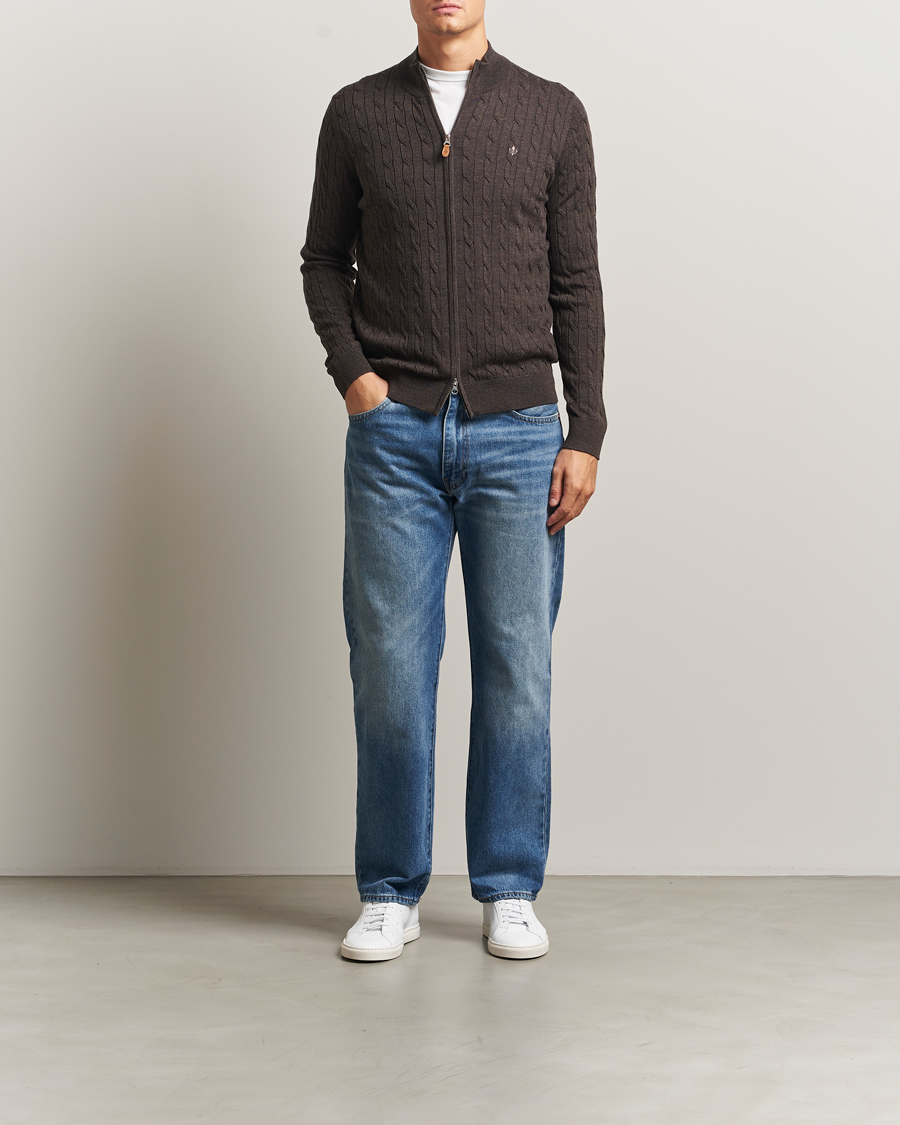 Men | Sweaters & Knitwear | Morris | Merino Cable Zip Cardigan Brown