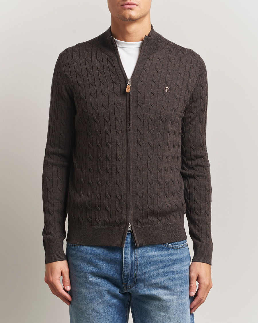 Men | Sweaters & Knitwear | Morris | Merino Cable Zip Cardigan Brown