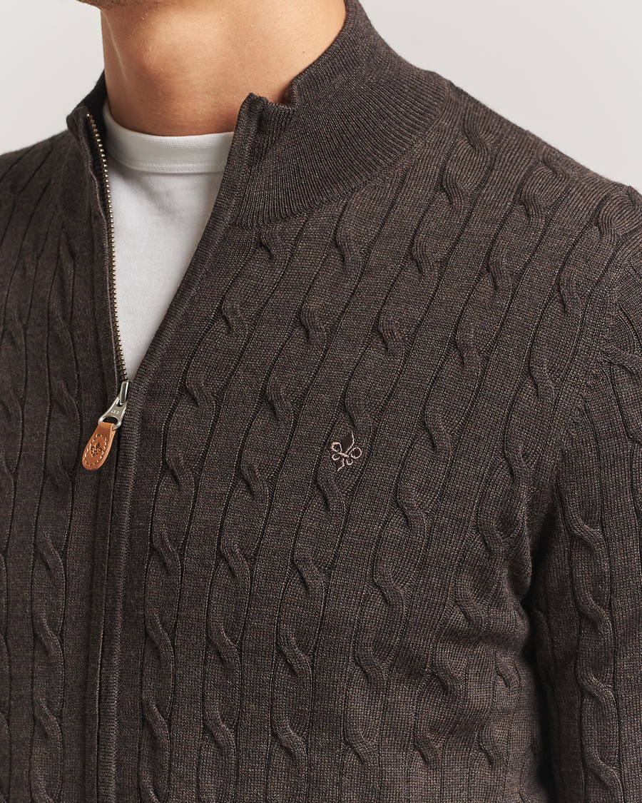 Men | Sweaters & Knitwear | Morris | Merino Cable Zip Cardigan Brown