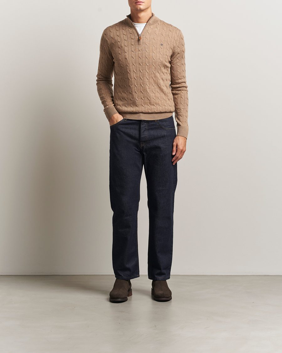 Men | Sweaters & Knitwear | Morris | Merino Cable Half Zip Camel