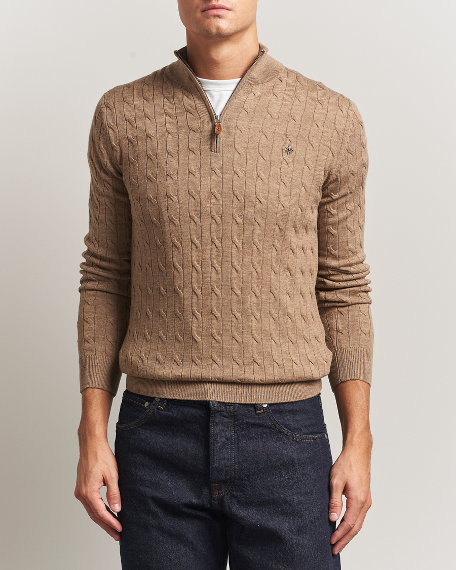 Men | Sweaters & Knitwear | Morris | Merino Cable Half Zip Camel