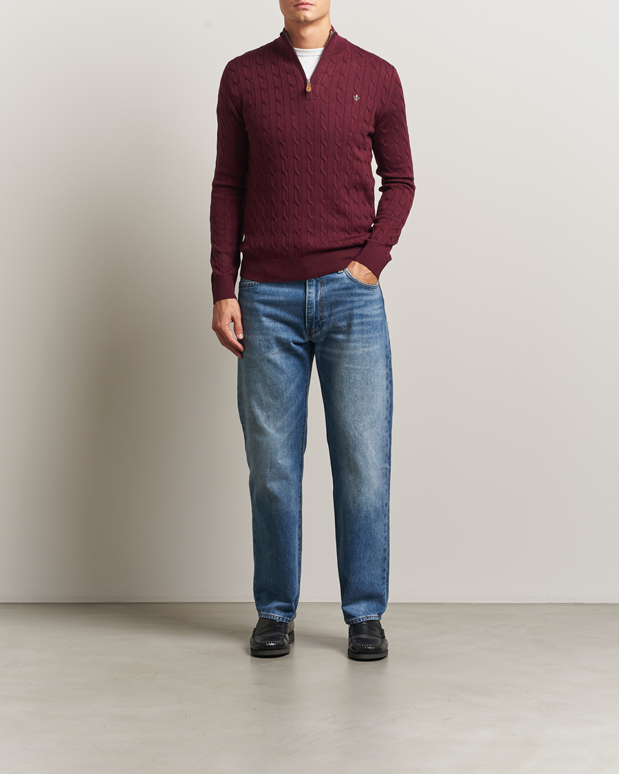 Men | Sweaters & Knitwear | Morris | Merino Cable Half Zip Wine Red