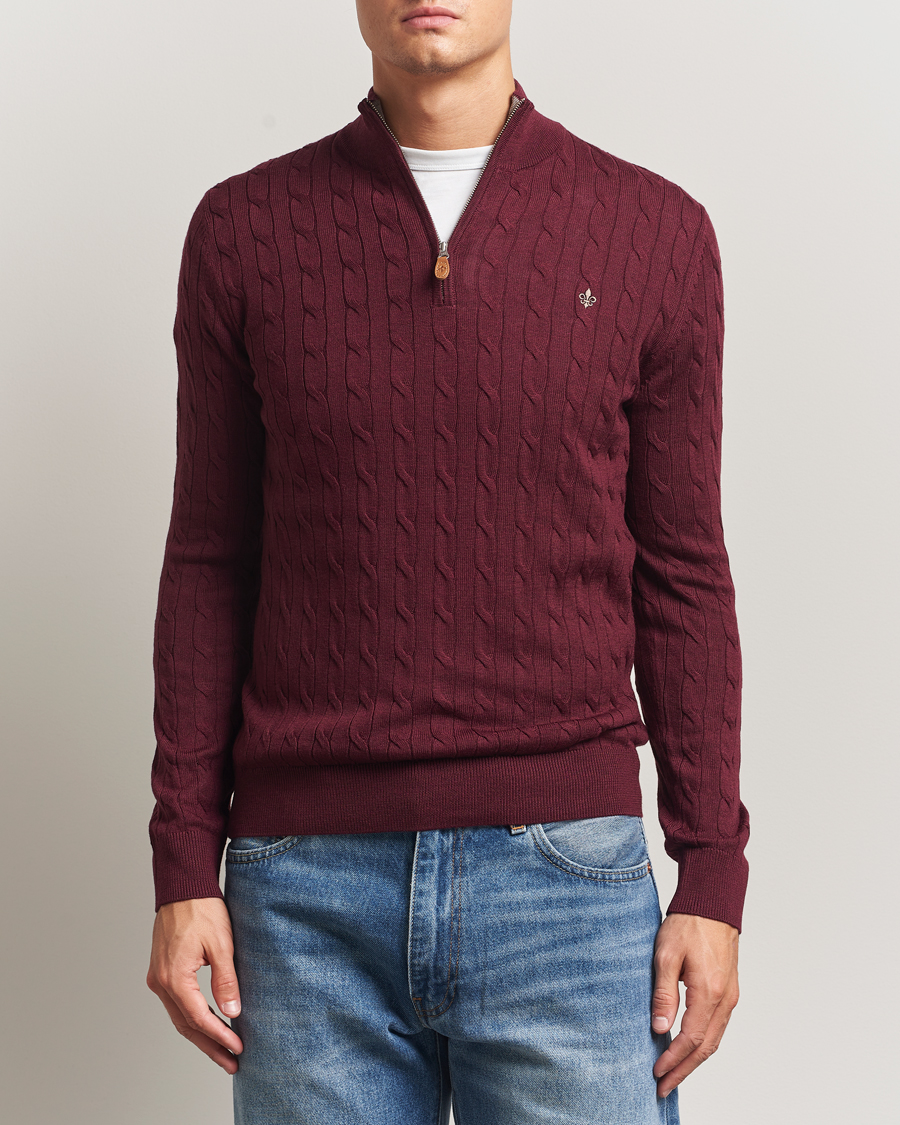 Men | Sweaters & Knitwear | Morris | Merino Cable Half Zip Wine Red