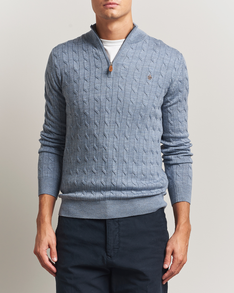 Men | Sweaters & Knitwear | Morris | Merino Cable Half Zip Blue