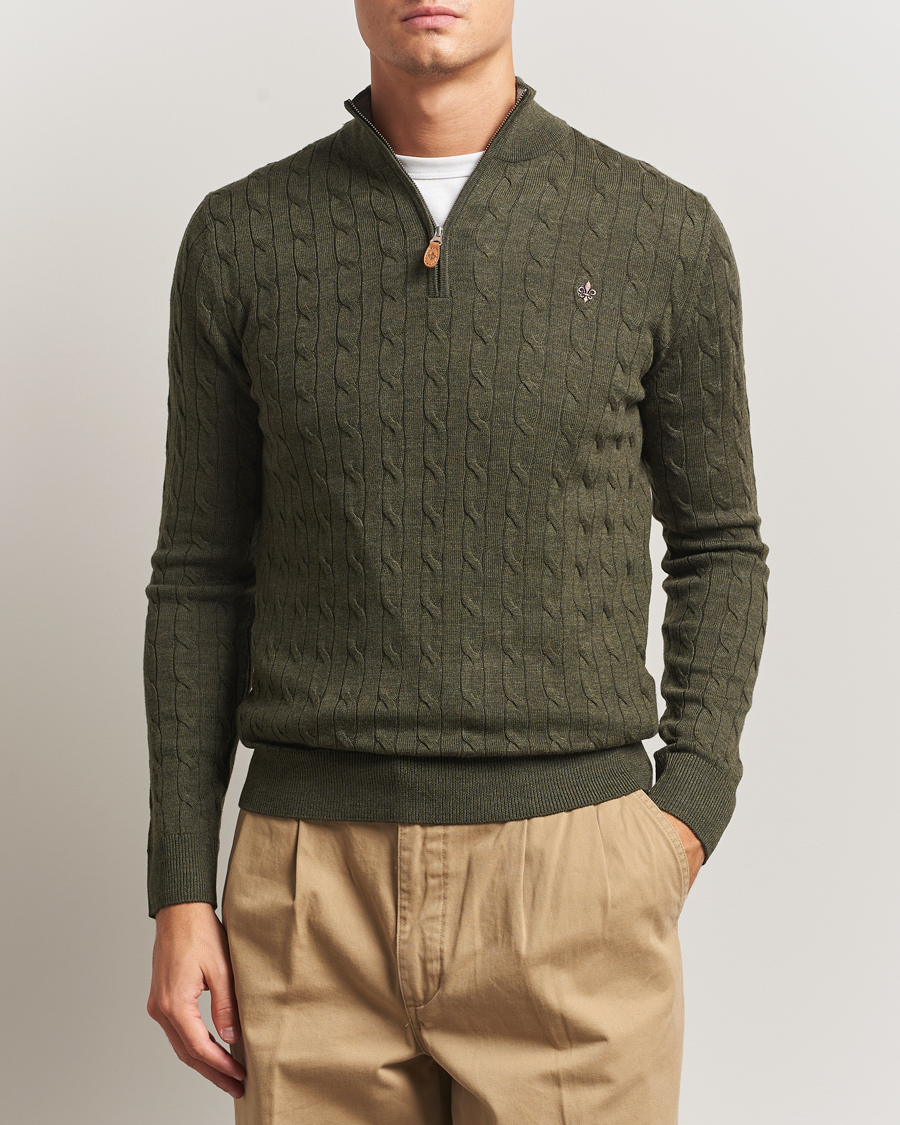 Men | Sweaters & Knitwear | Morris | Merino Cable Half Zip Olive