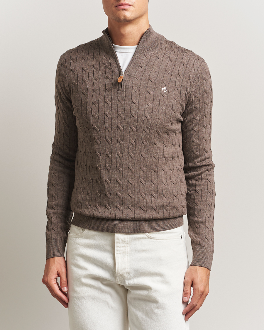 Men | Sweaters & Knitwear | Morris | Merino Cable Half Zip Light Brown