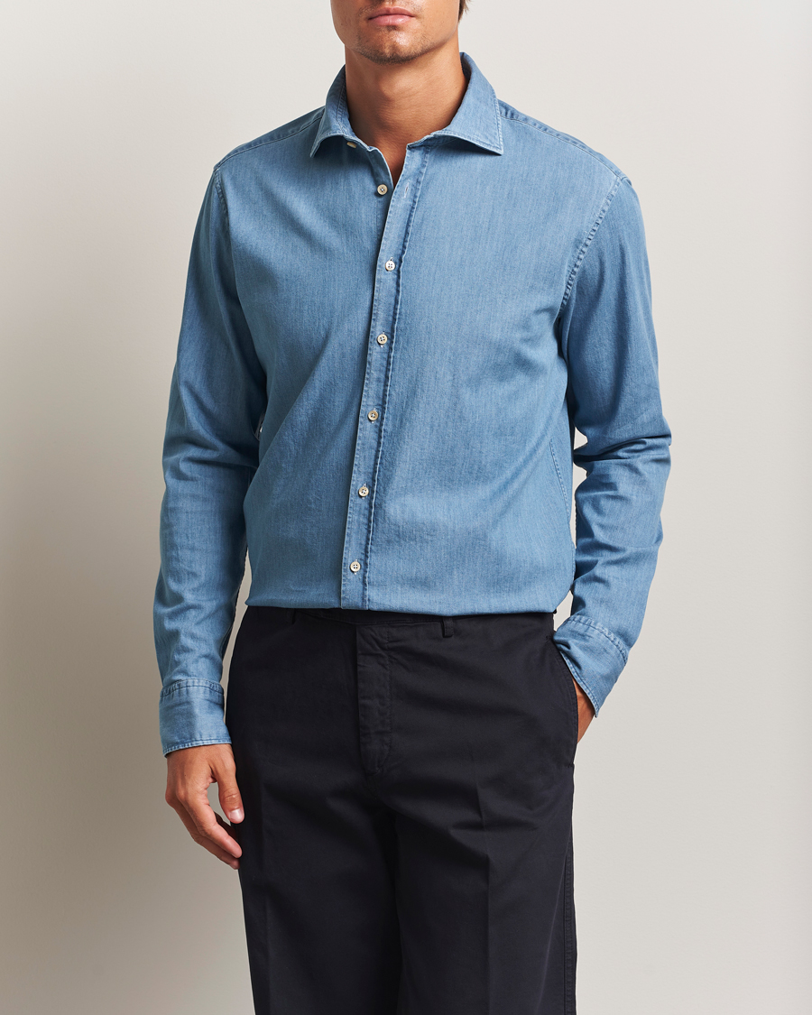 Men | Shirts | Stenströms | Regular Fit Garment Washed Shirt Light Denim