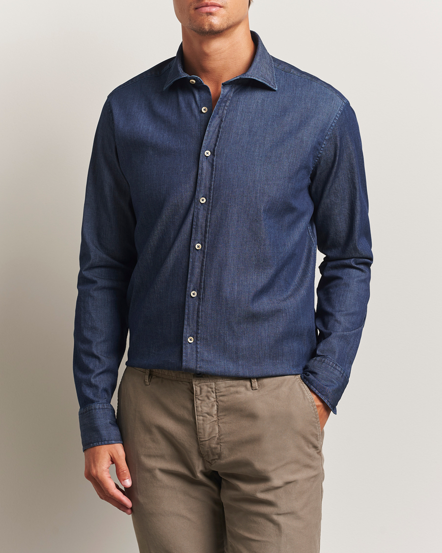 Men | Shirts | Stenströms | Regular Fit Garment Washed Shirt Dark Denim