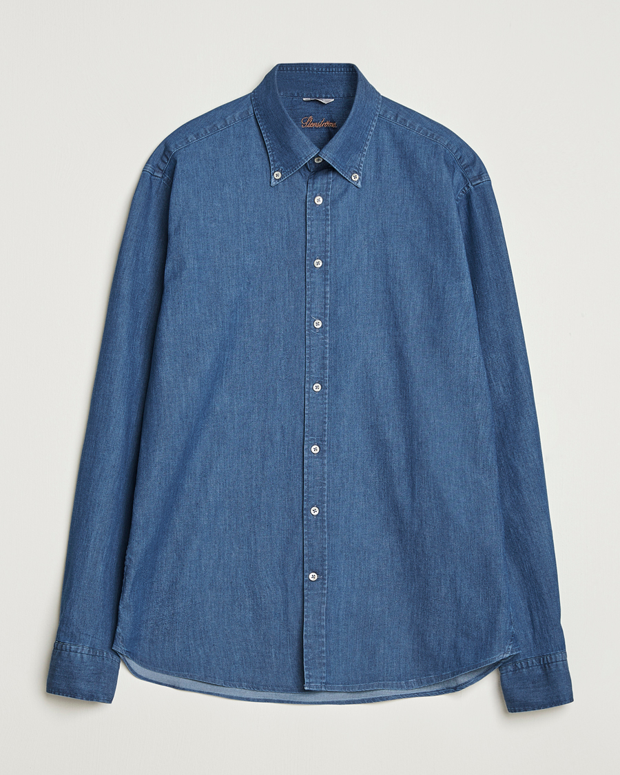 Men | Shirts | Stenströms | Regular Fit Button Down Garment Washed Shirt Denim