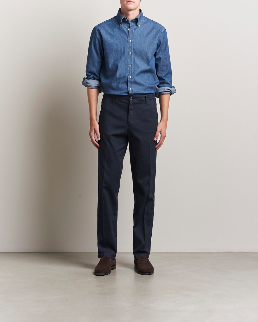 Men | Shirts | Stenströms | Regular Fit Button Down Garment Washed Shirt Denim
