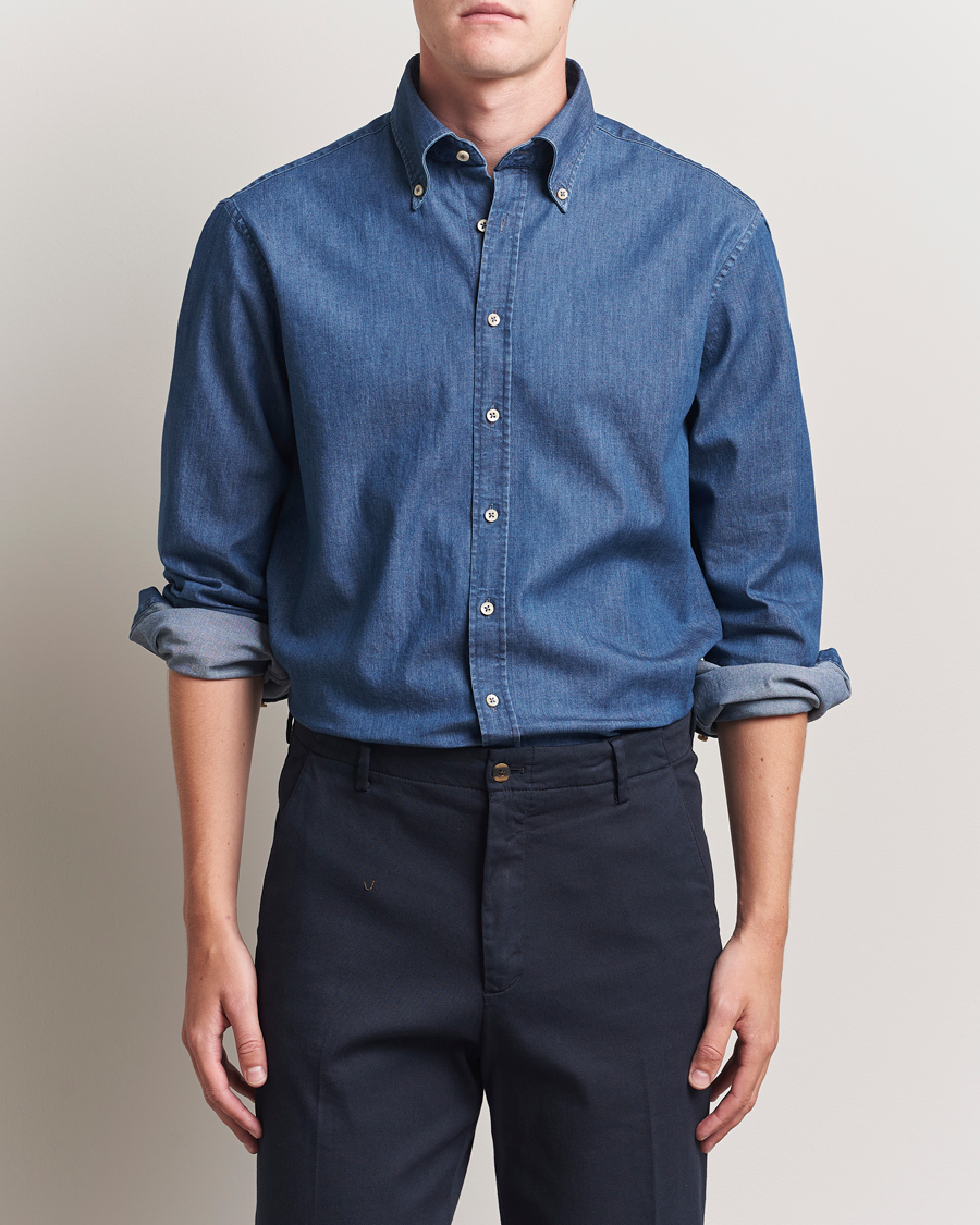 Men | Shirts | Stenströms | Regular Fit Button Down Garment Washed Shirt Denim