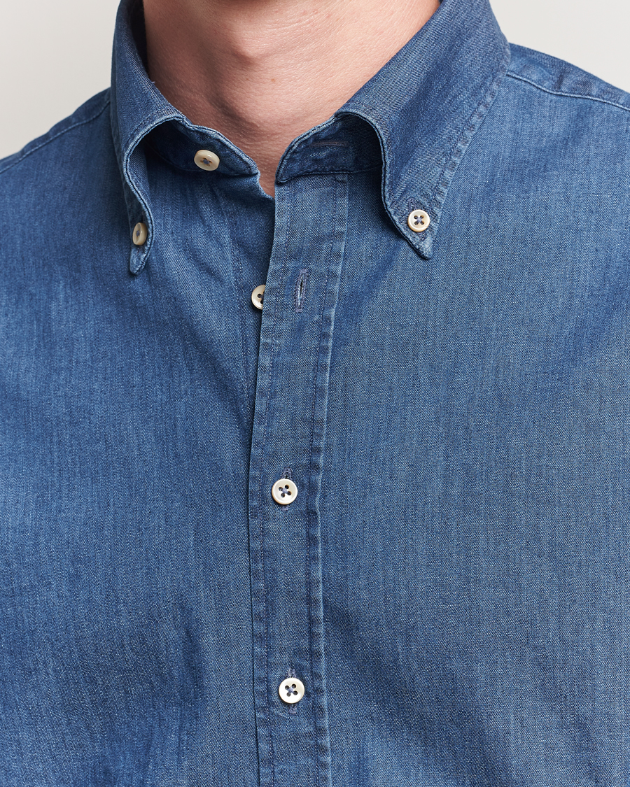 Men | Shirts | Stenströms | Regular Fit Button Down Garment Washed Shirt Denim