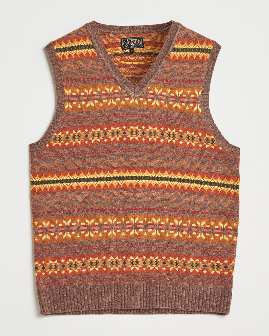 Men | Sweaters & Knitwear | BEAMS PLUS | Fairisle Knit Vest Light Brown