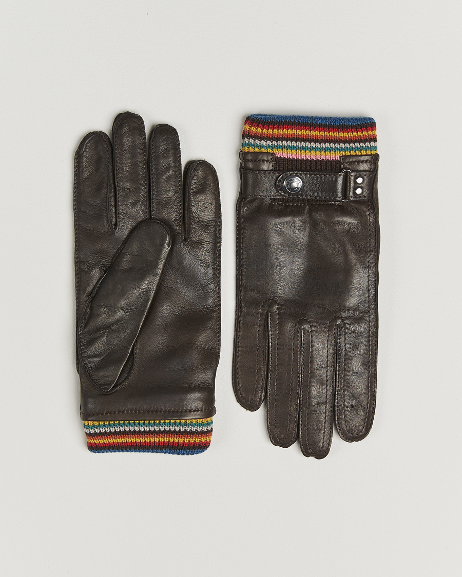 Men | Gloves | Paul Smith | Signature Stripe Cuff Leather Glove Dark Brown