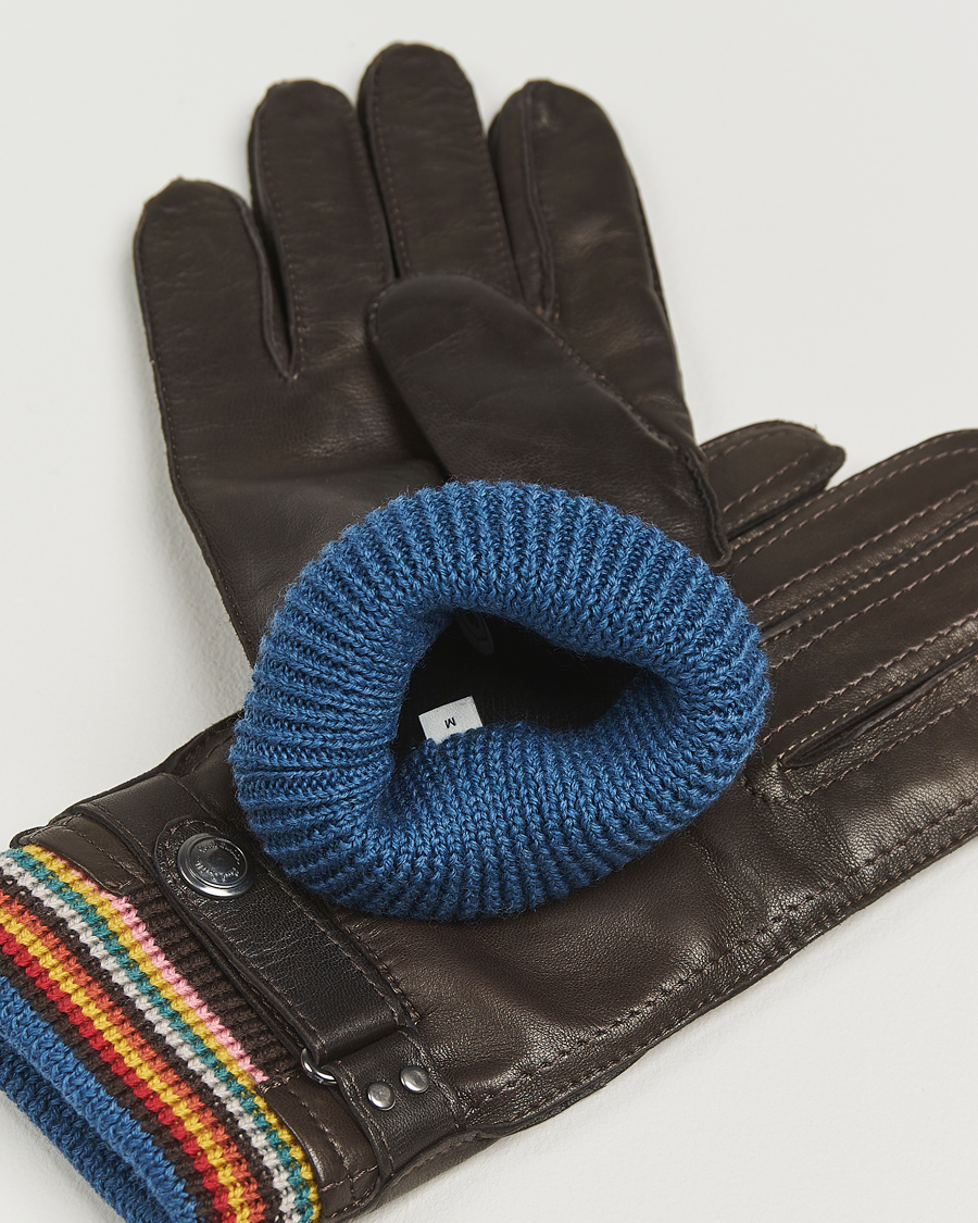 Men | Gloves | Paul Smith | Signature Stripe Cuff Leather Glove Dark Brown