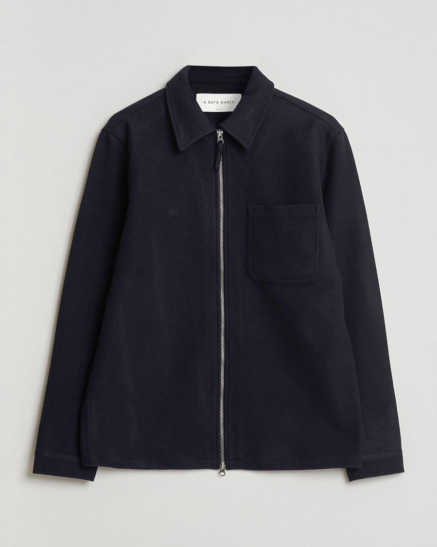 A Day's March Fraser Wool Zip Overshirt Navy at CareOfCarl.com