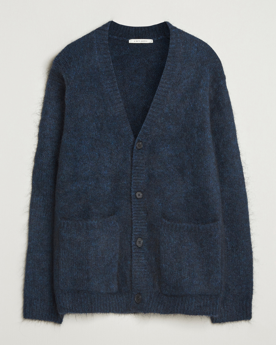 Men | Sweaters & Knitwear | A Day's March | Jarrow Mohair Cardigan Indigo Blue
