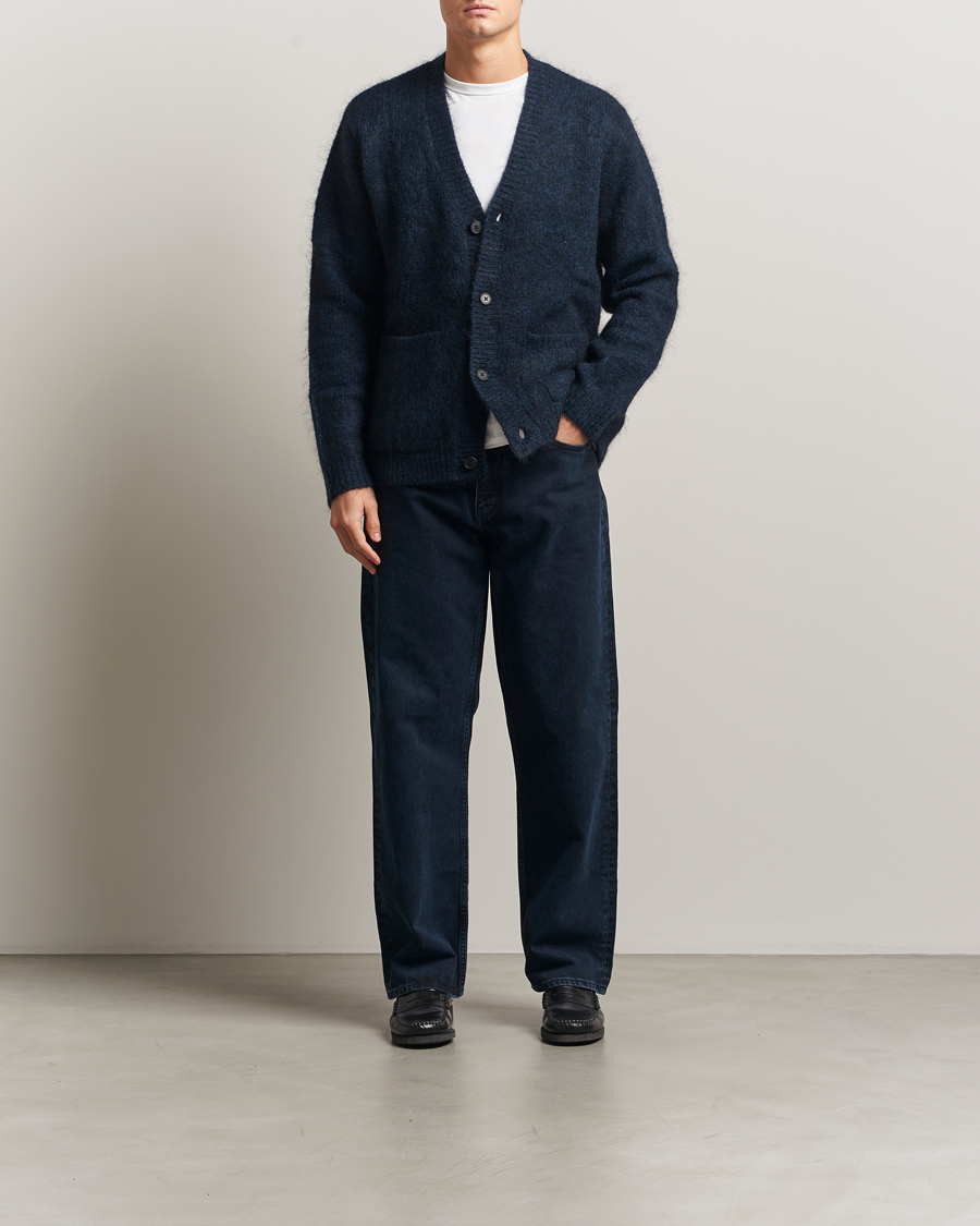 Men | Sweaters & Knitwear | A Day's March | Jarrow Mohair Cardigan Indigo Blue