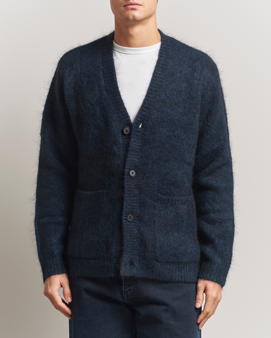 Men | Sweaters & Knitwear | A Day's March | Jarrow Mohair Cardigan Indigo Blue
