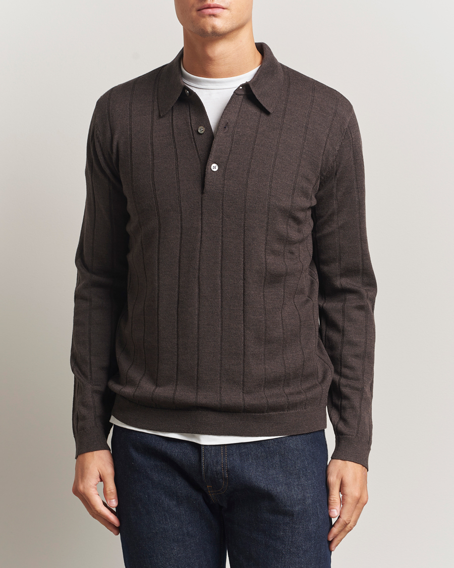 Men | Sweaters & Knitwear | A Day's March | Ambroz Structured Merino Polo Brown Melange