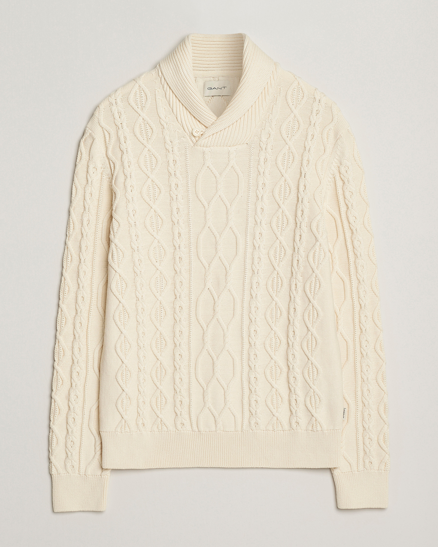 Men | Sweaters & Knitwear | GANT | Cable Shawl Collar Knitted Sweater Cream