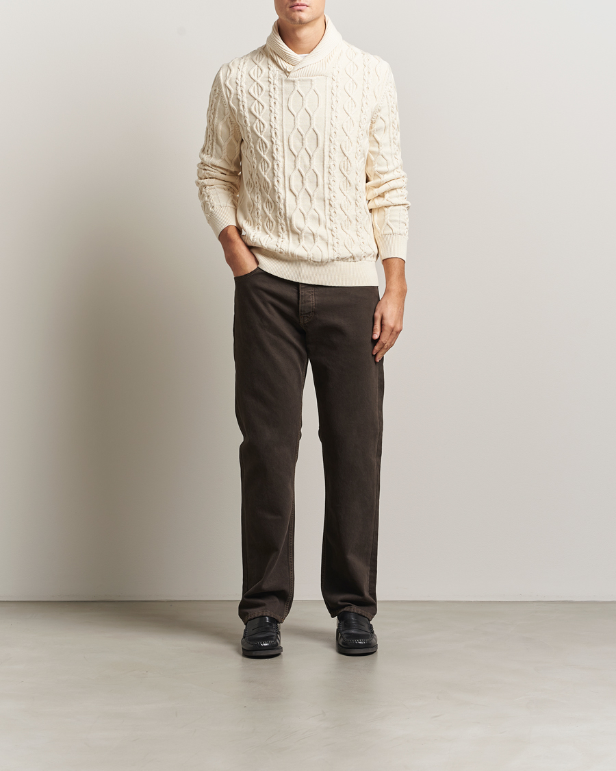 Men | Sweaters & Knitwear | GANT | Cable Shawl Collar Knitted Sweater Cream