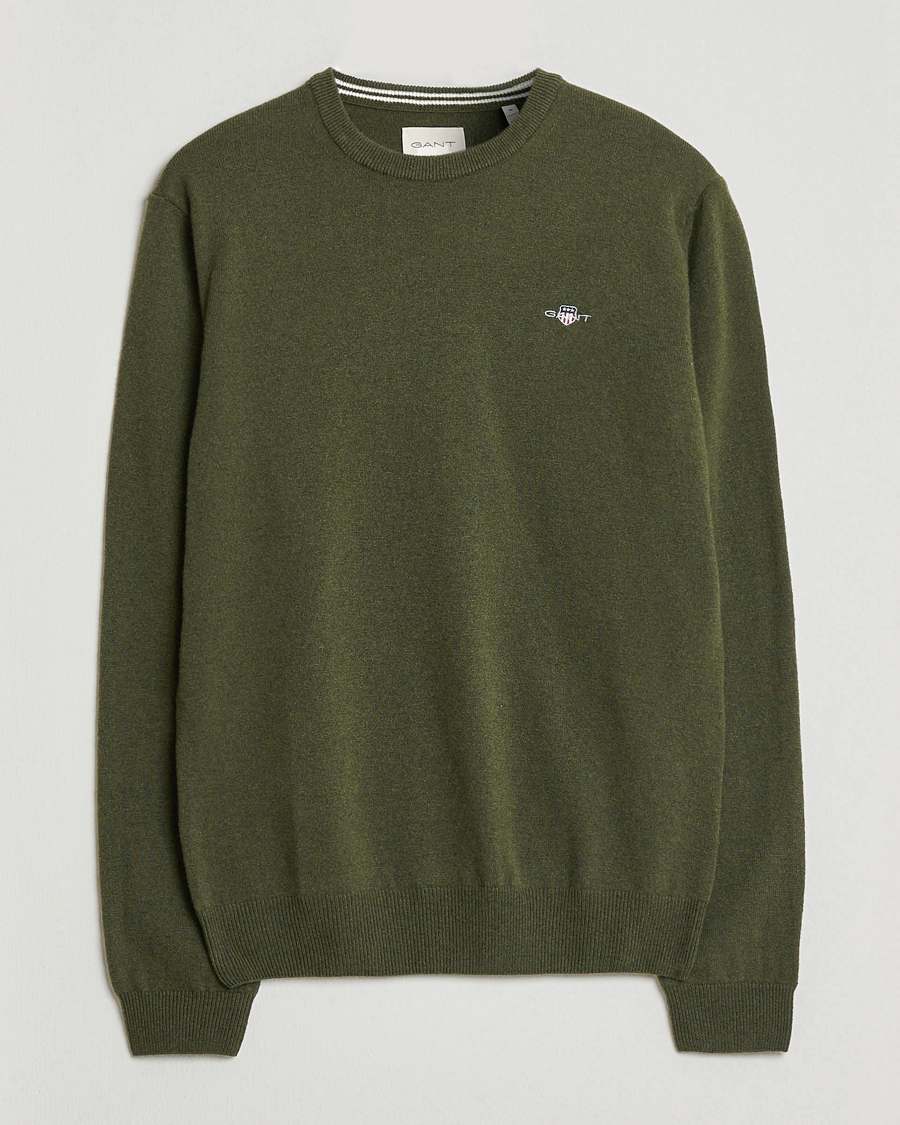 Men | Sweaters & Knitwear | Gant | Superfine Lambswool Crew Neck Khaki Green Melange