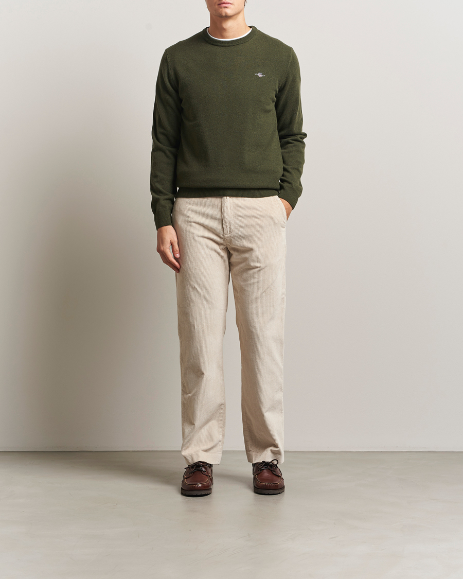 Men | Sweaters & Knitwear | GANT | Superfine Lambswool Crew Neck Khaki Green Melange