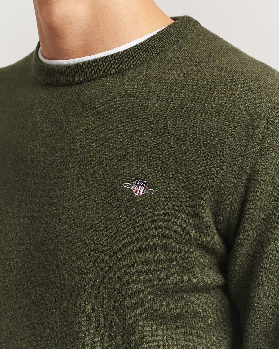 Men | Sweaters & Knitwear | Gant | Superfine Lambswool Crew Neck Khaki Green Melange