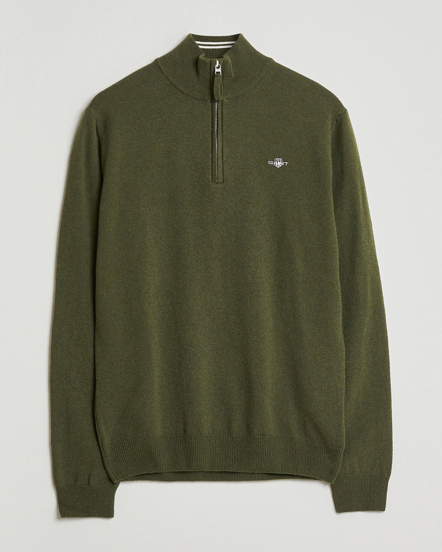 Men | Sweaters & Knitwear | GANT | Superfine Lambswool Half Zip Khaki Green Melange
