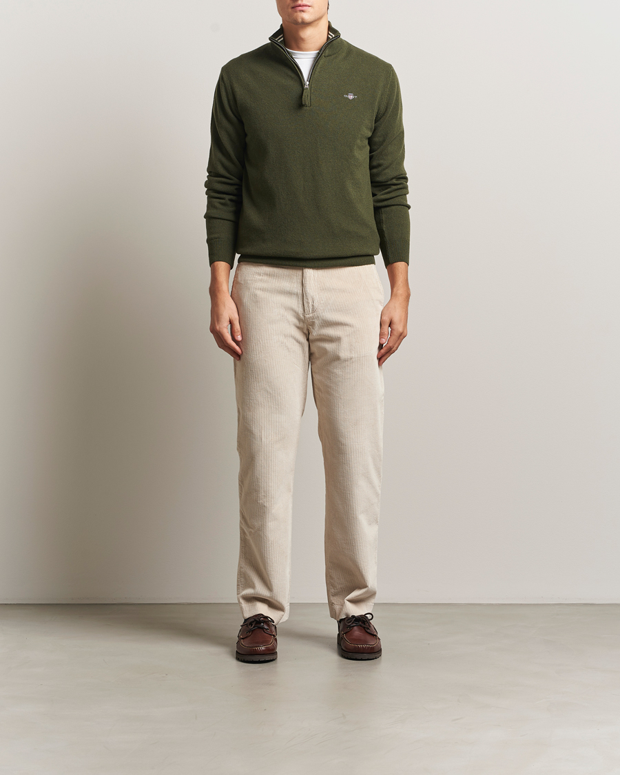 Men | Sweaters & Knitwear | GANT | Superfine Lambswool Half Zip Khaki Green Melange