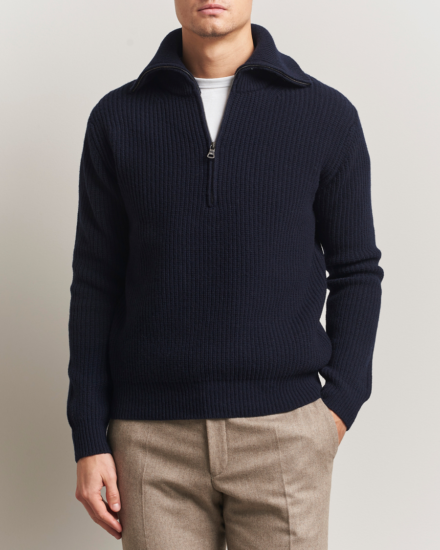 Men | Sweaters & Knitwear | Oscar Jacobson | Mauritz Chunky Wool Half-Zip Navy