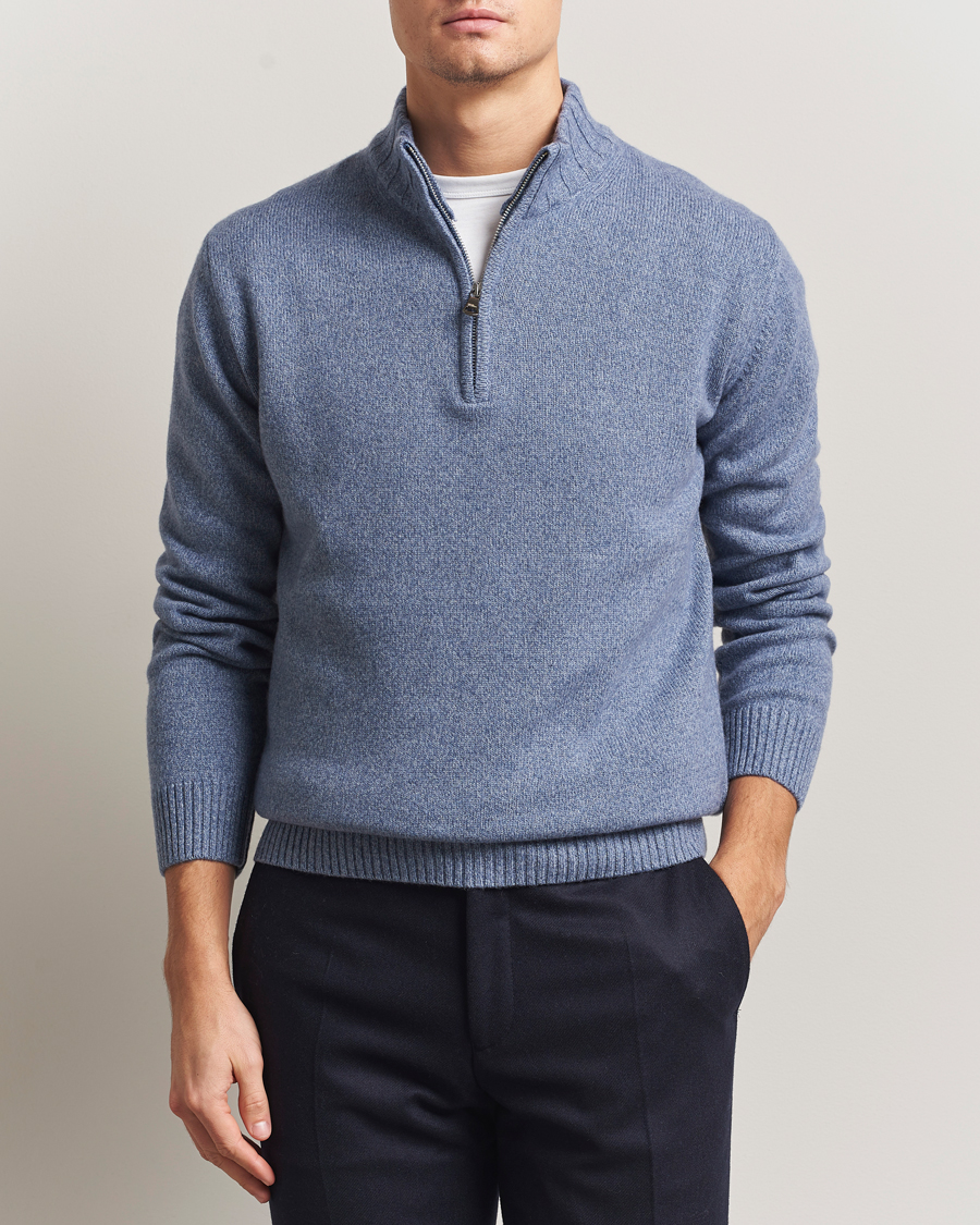 Men | Sweaters & Knitwear | Oscar Jacobson | Paul Wool/Cashmere Half-Zip Light Blue