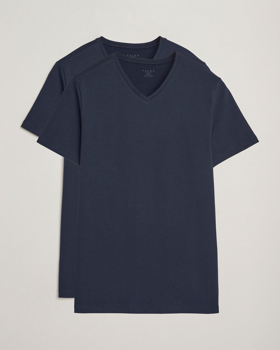 Men | T-Shirts | Falke | 2-Pack Cotton V-Neck T-Shirt Midnight