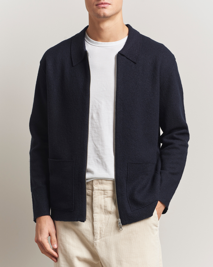 Men | Sweaters & Knitwear | NN07 | Jonas Boiled Wool Full Zip Navy Blue