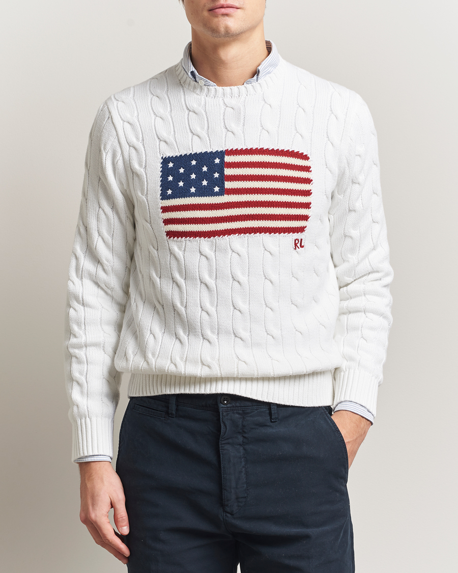 Men | Sweaters & Knitwear | Polo Ralph Lauren | Cotton Cable Flag Sweater Ceramic White