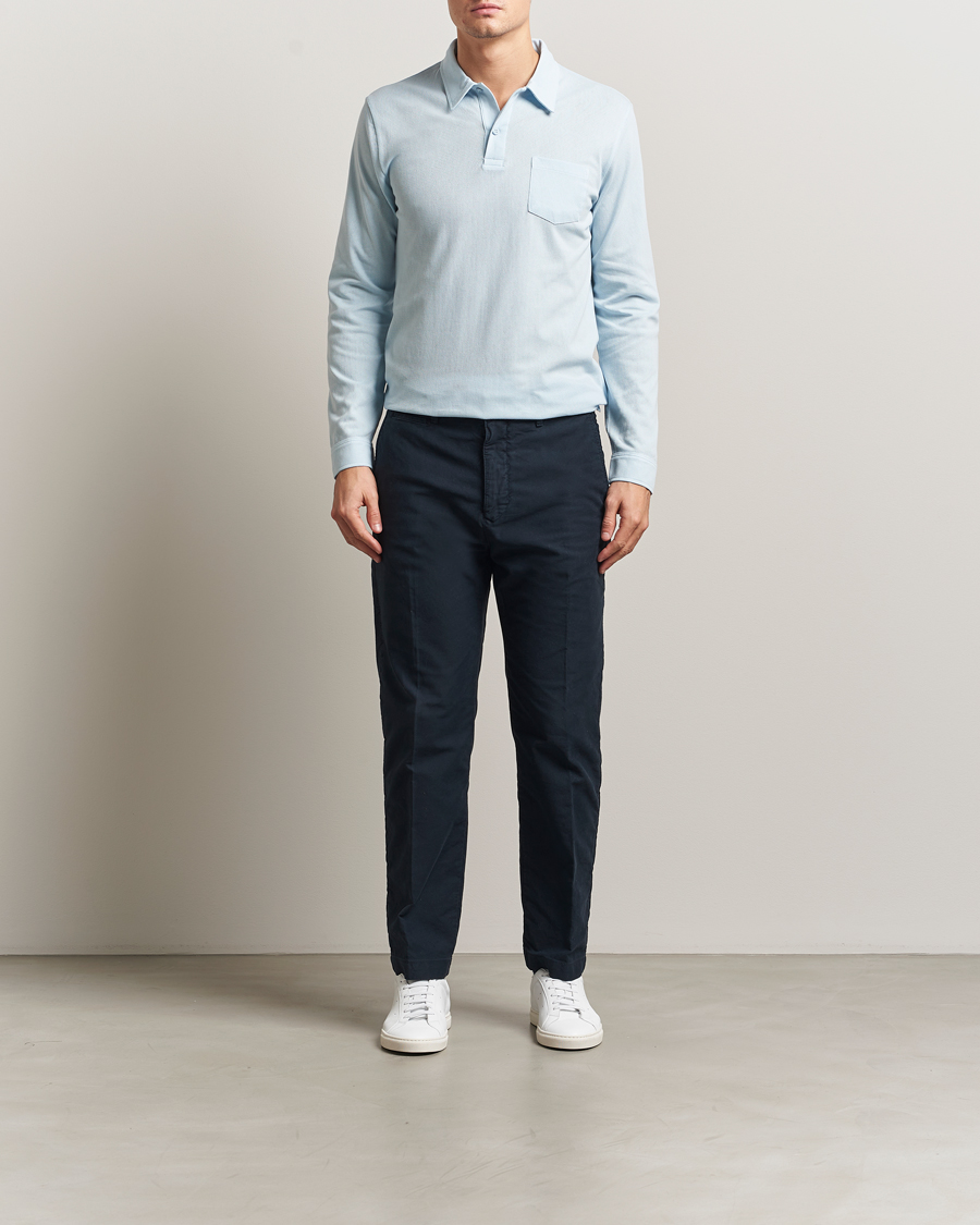 Men | Polo Shirts | Sunspel | Long Sleeve Riviera Polo Shirt Frost Blue