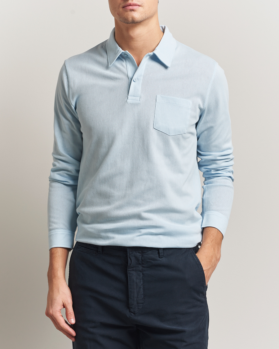 Men | Polo Shirts | Sunspel | Long Sleeve Riviera Polo Shirt Frost Blue