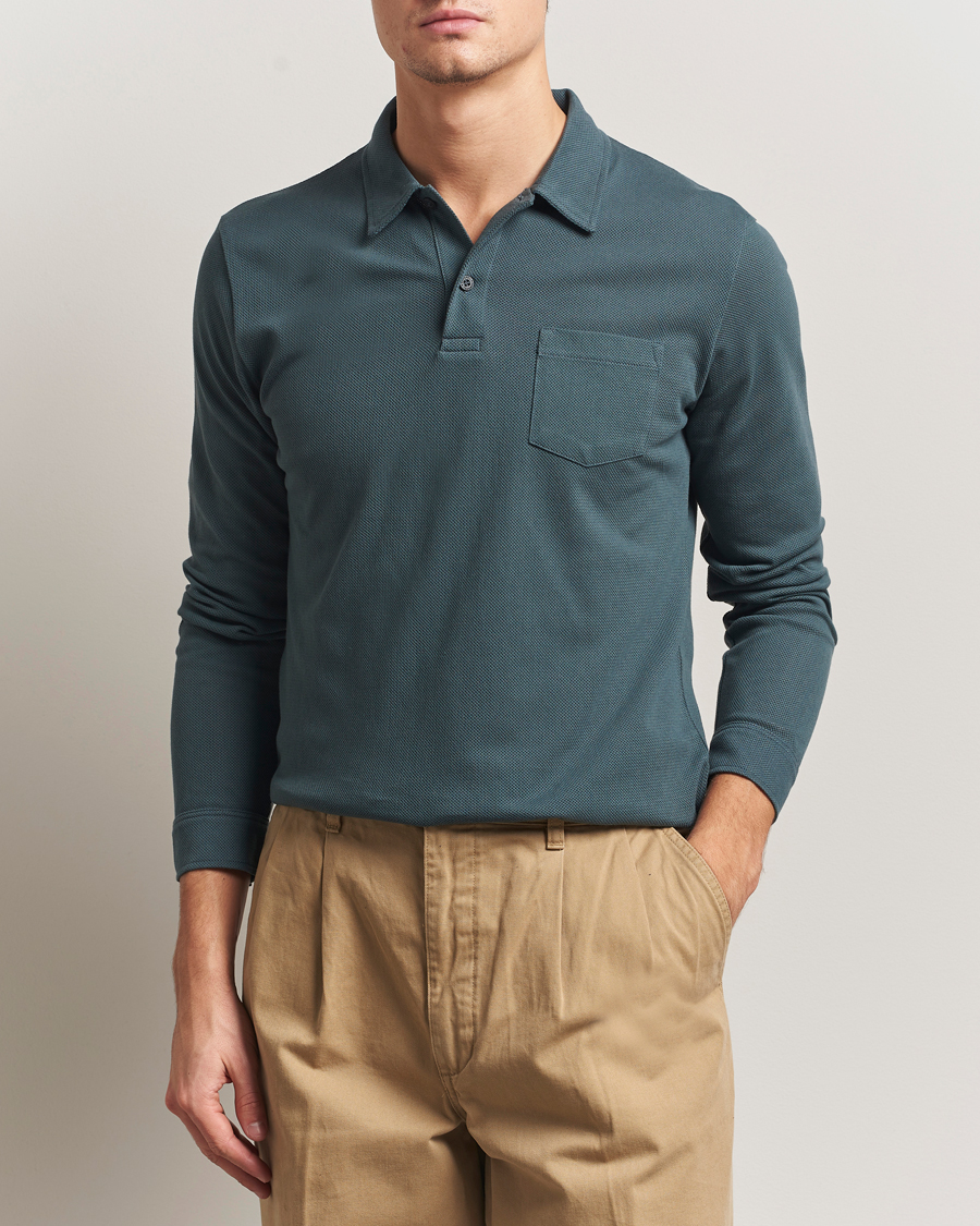 Men | Polo Shirts | Sunspel | Long Sleeve Riviera Polo Shirt Dark Petrol