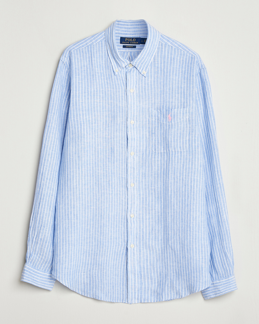 Men | Shirts | Polo Ralph Lauren | Custom Fit Linen Striped Shirt Light Blue/White