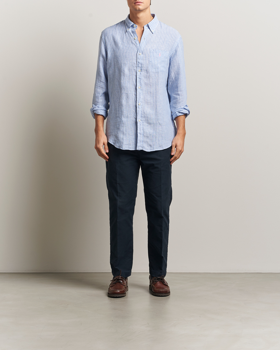 Men | Shirts | Polo Ralph Lauren | Custom Fit Linen Striped Shirt Light Blue/White