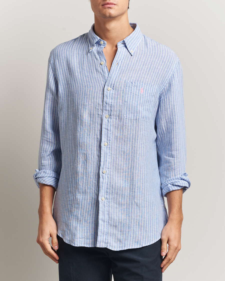 Men | Shirts | Polo Ralph Lauren | Custom Fit Linen Striped Shirt Light Blue/White