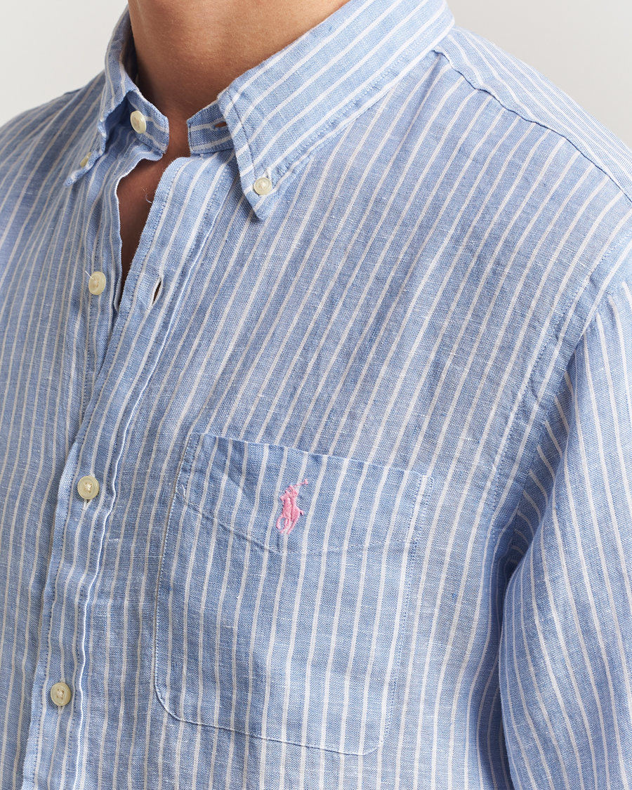 Men | Shirts | Polo Ralph Lauren | Custom Fit Linen Striped Shirt Light Blue/White