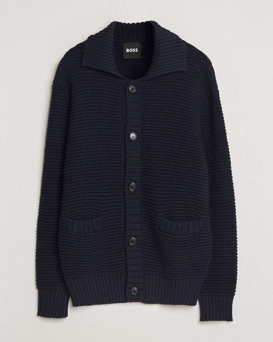 Men | Sweaters & Knitwear | BOSS BLACK | Ulivi Heavy Knitted Cardigan Dark Blue