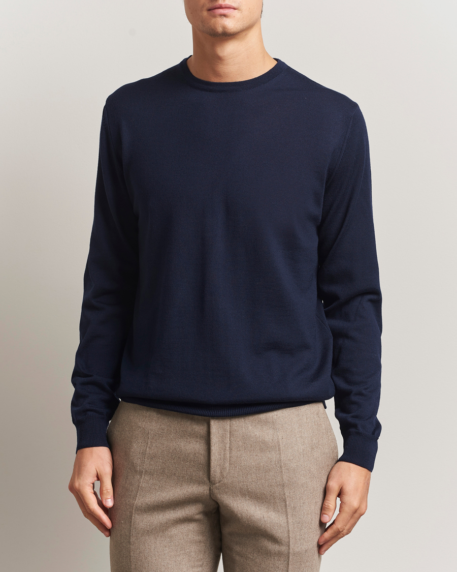 Men | Sweaters & Knitwear | Stenströms | Merino Patch Crew Neck Navy/Blue
