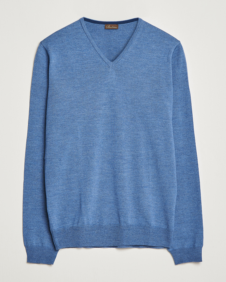 Men | Sweaters & Knitwear | Stenströms | Merino Patch V-Neck Light Blue/Blue