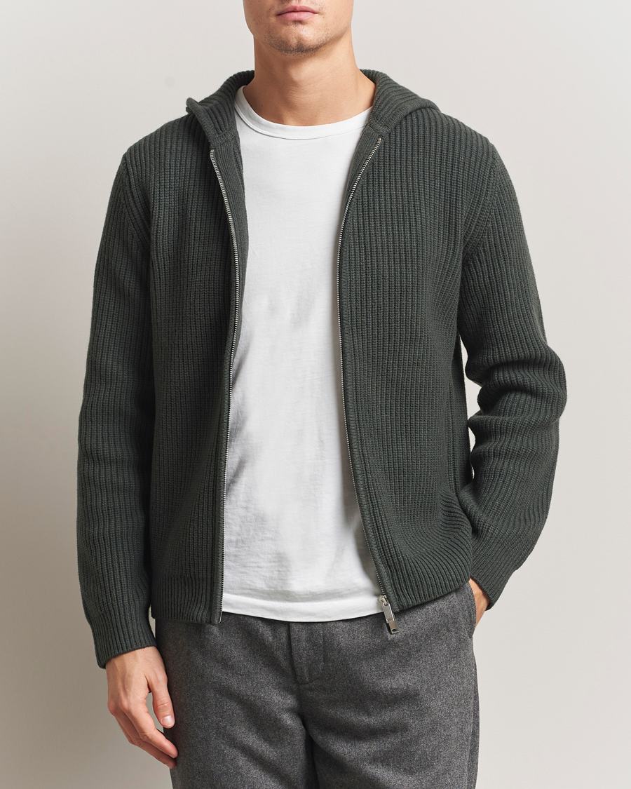 Men | Sweaters & Knitwear | Samsøe Samsøe | Isak Heavy Knitted Full Zip Hoodie Dark Evergreen
