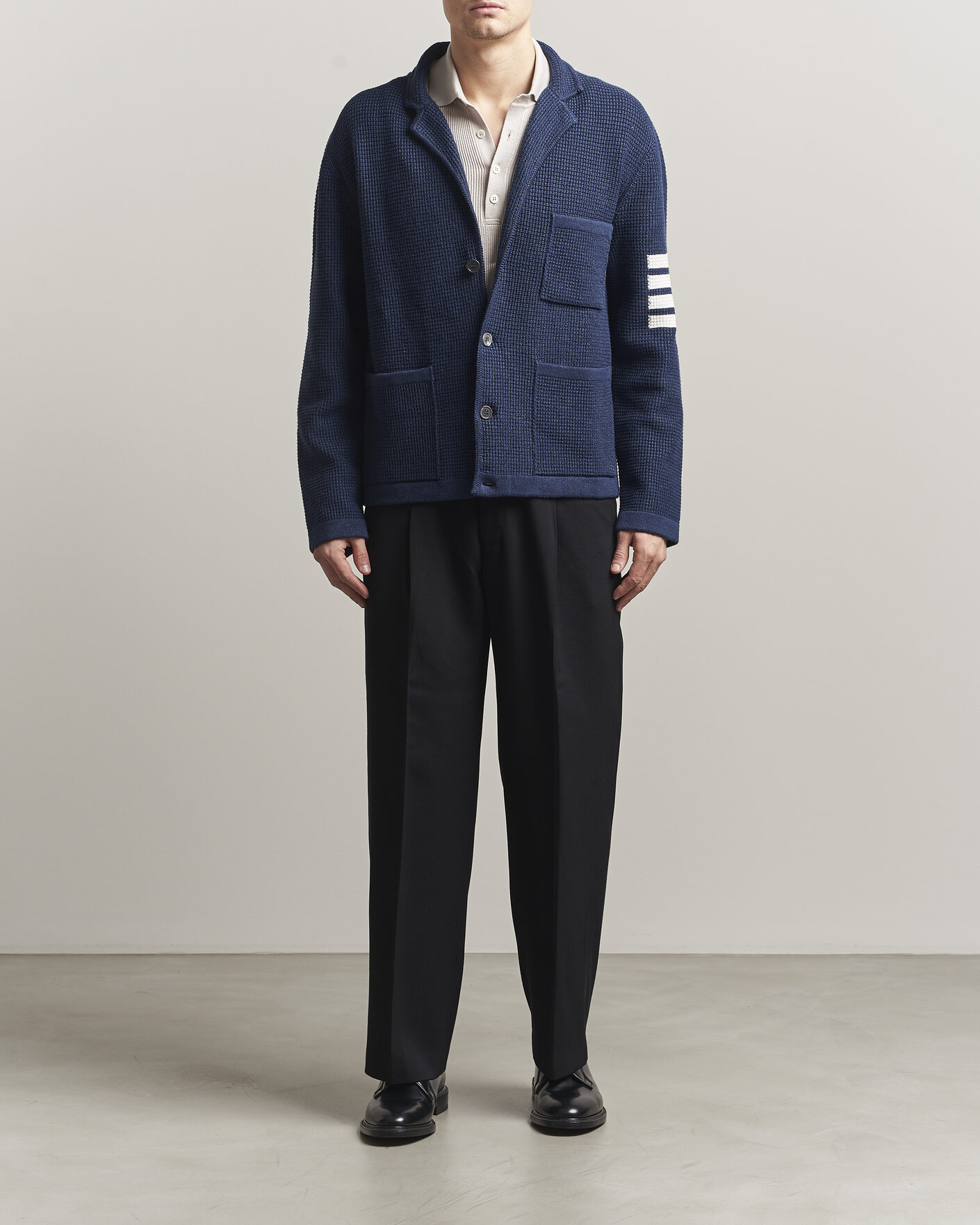 Men | Sweaters & Knitwear | Thom Browne | Textured 4 Bar Cardigan Jacket Navy