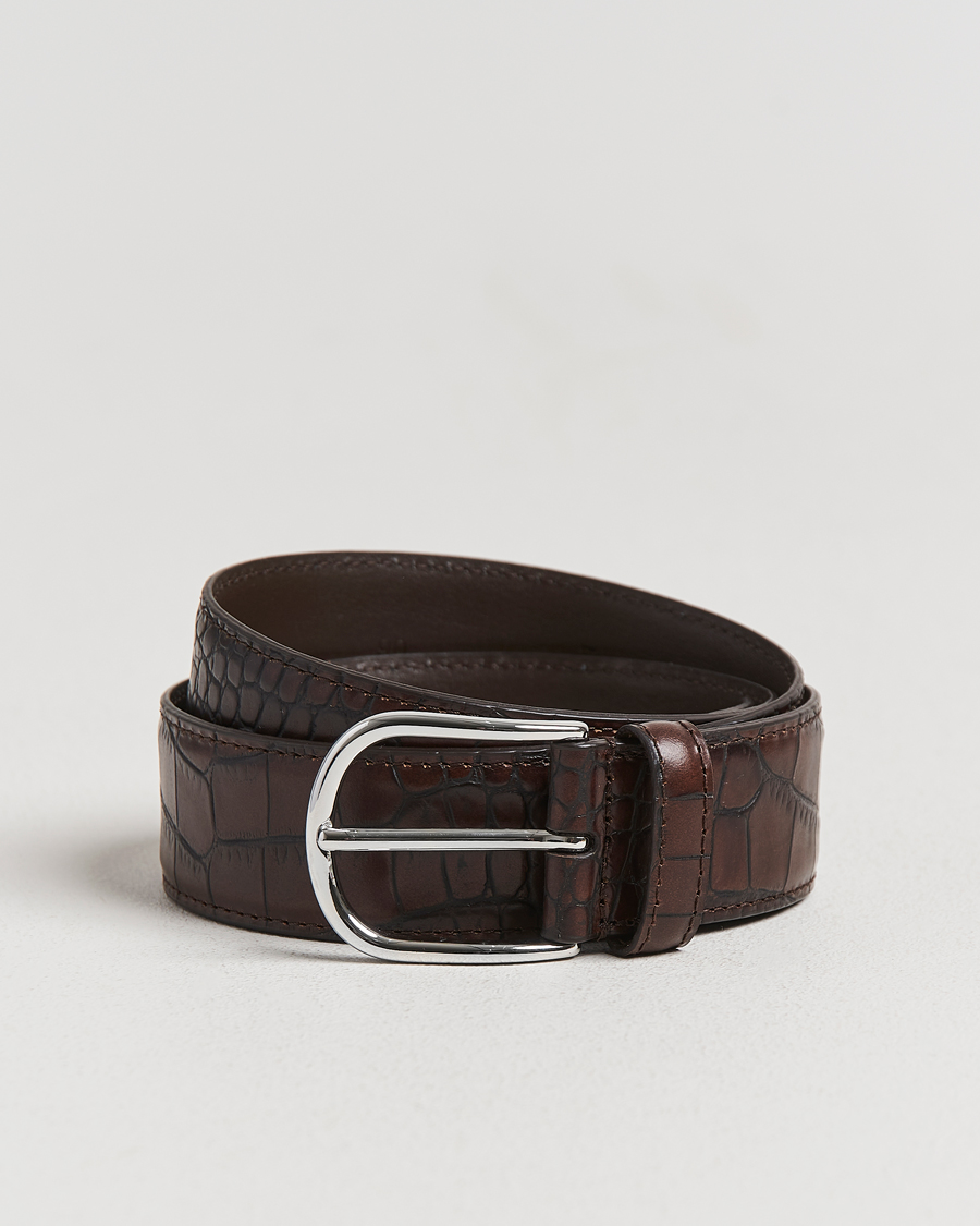 Men | Belts | Anderson's | Embossed 3,5cm Leather Belt Brown